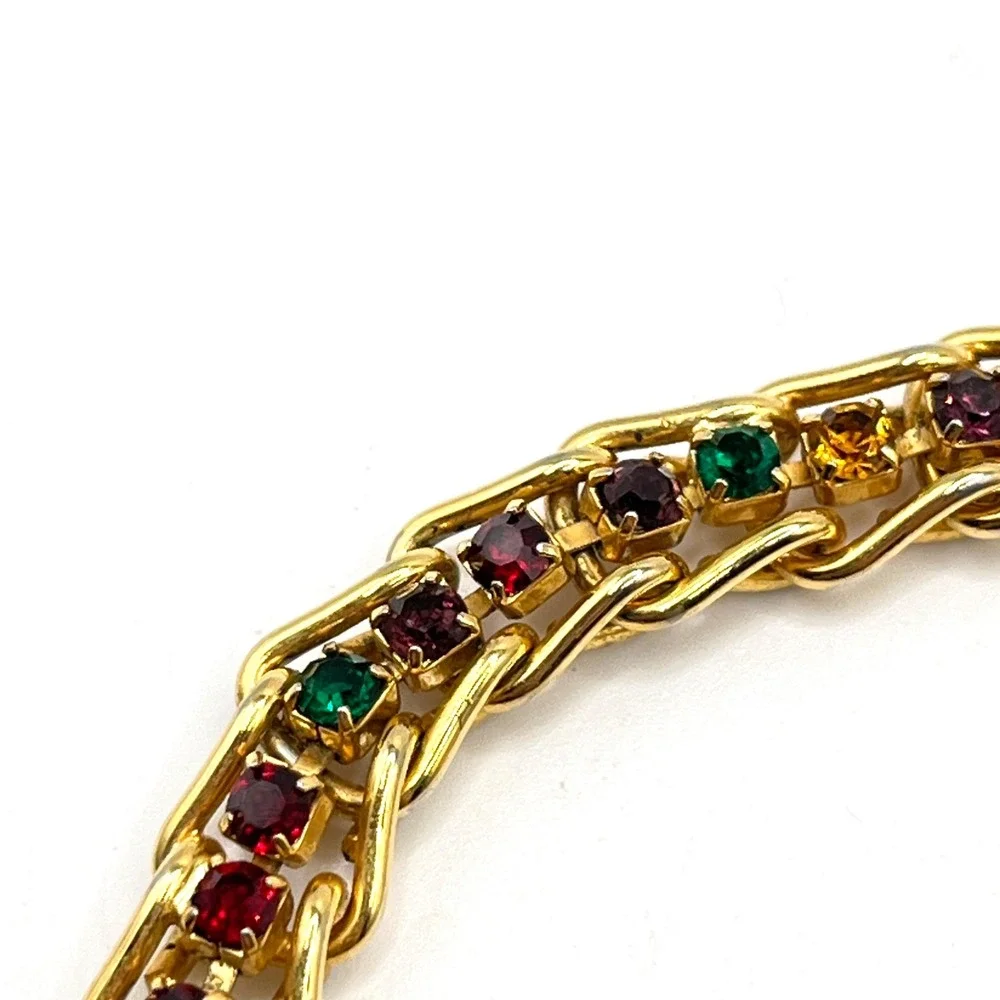 Vintage Rainbow Crystal Rhinestone Multicolor Gold Tone Chain Link Bracelet 6.5